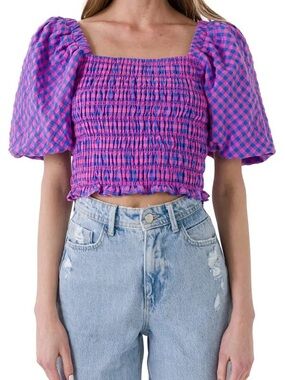 Endless Rose Pink & Purple Gingham Puff Sleeve Crop Top